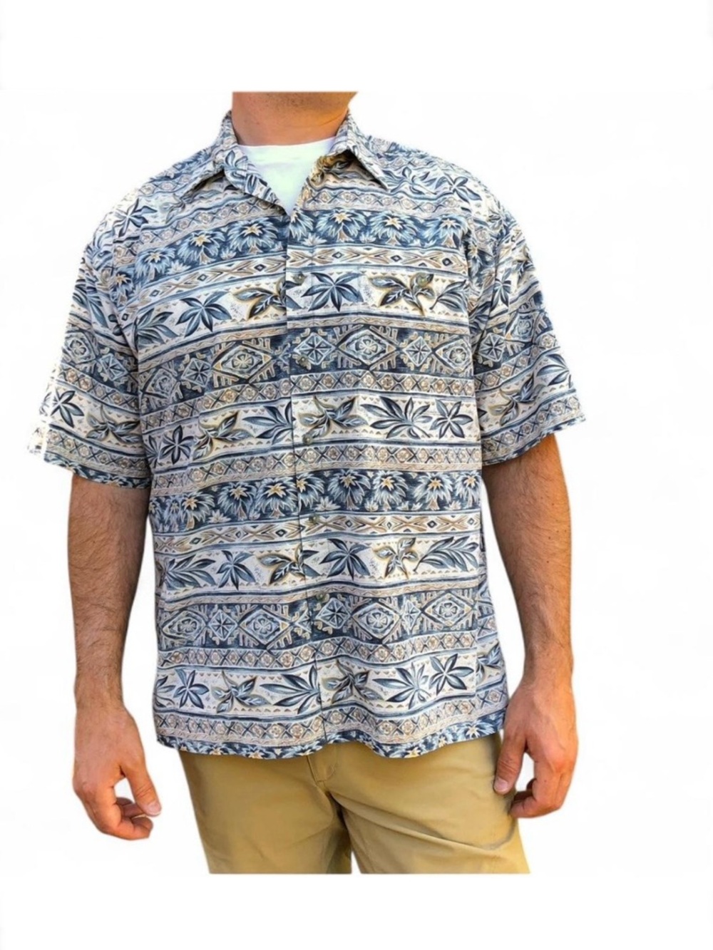 1990s blue tan tropical print short sleeve button front shirt